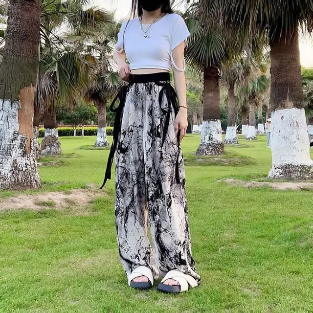 New Guo Feng Ink Painting Ice Silk Wide leg Pants Summer Women National Style Splash Ink - Shop at LoveMi