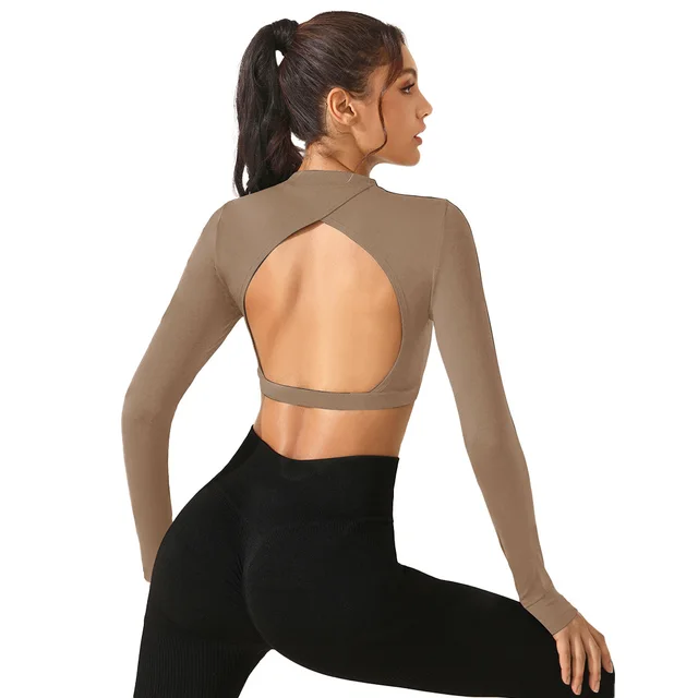 New Yoga Wear Long Sleeve Women's Tight Backless Sports Top Khaki - Shop at LoveMi