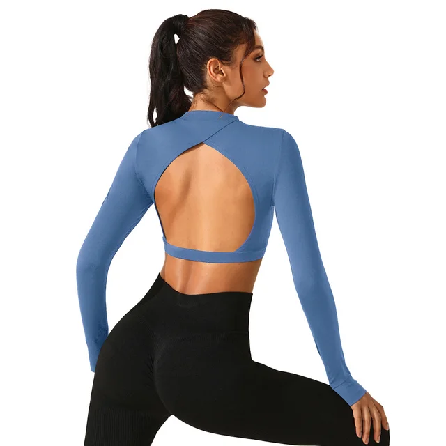 New Yoga Wear Long Sleeve Women's Tight Backless Sports Top Ocean Blue - Shop at LoveMi