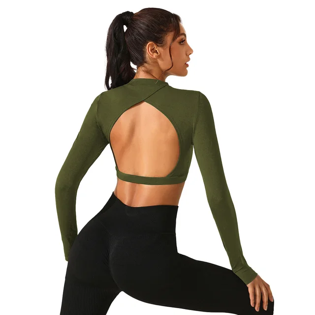 New Yoga Wear Long Sleeve Women's Tight Backless Sports Top Olive Green - Shop at LoveMi