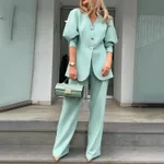Autumn New Fashion Solid Color Lantern Sleeve Loose Outfit - Light Blue
