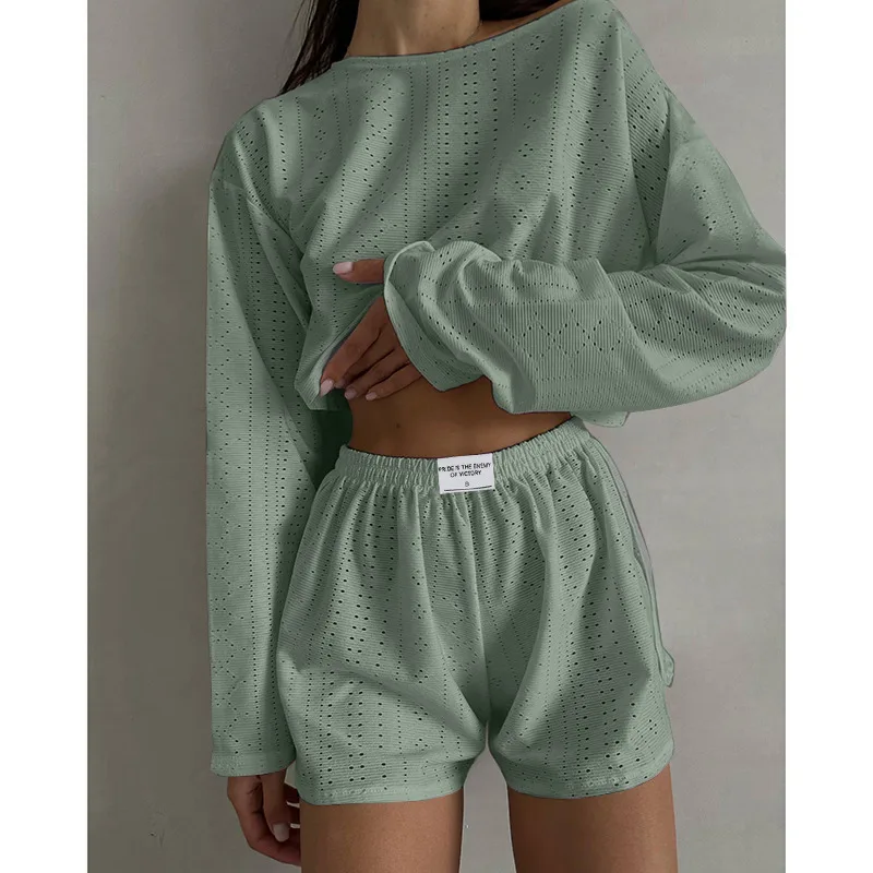 Hollow Long-sleeved Suit With Loose Round-neck Tops And Elastic Split Shorts Fashion Women's Clothing - Green