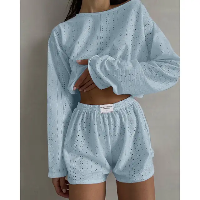 Hollow Long sleeved Suit With Loose Round neck Tops And Elastic Split Shorts Fashion Women's Clothing Light Blue - Shop at LoveMi