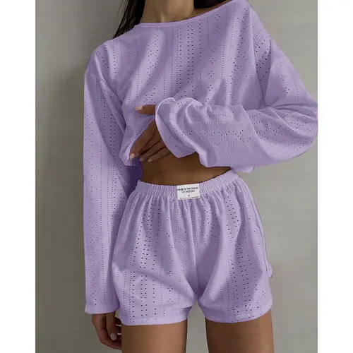 Hollow Long sleeved Suit With Loose Round neck Tops And Elastic Split Shorts Fashion Women's Clothing Purple - Shop at LoveMi