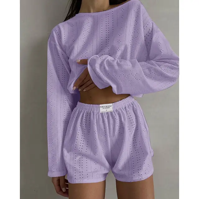 Hollow Long sleeved Suit With Loose Round neck Tops And Elastic Split Shorts Fashion Women's Clothing Purple - Shop at LoveMi