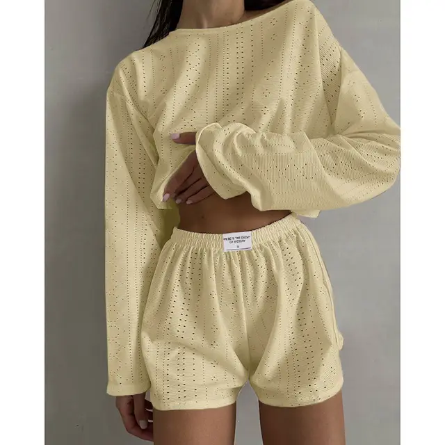 Hollow Long sleeved Suit With Loose Round neck Tops And Elastic Split Shorts Fashion Women's Clothing Yellow - Shop at LoveMi