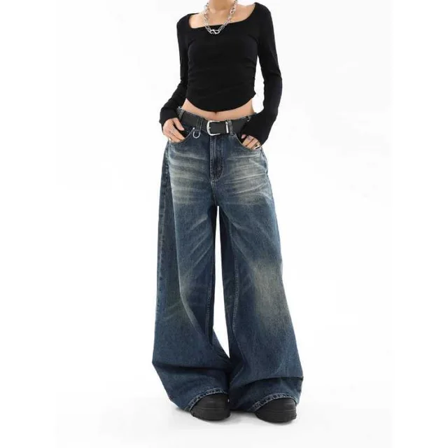 Retro Washed Straight Jeans Loose Drooping Wide Leg Pants Black - Shop at LoveMi