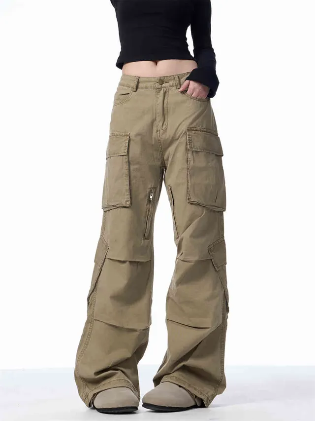 Retro Multi pocket Cargo Loose Straight Casual Pants Khaki - Shop at LoveMi