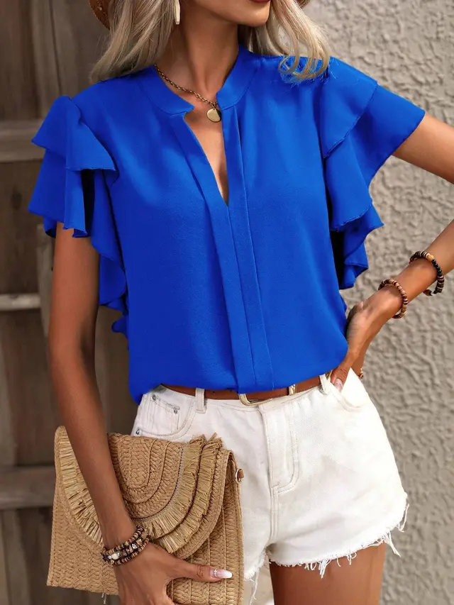 Casual Summer V neck Solid Color Shirt Top Blue - Shop at LoveMi