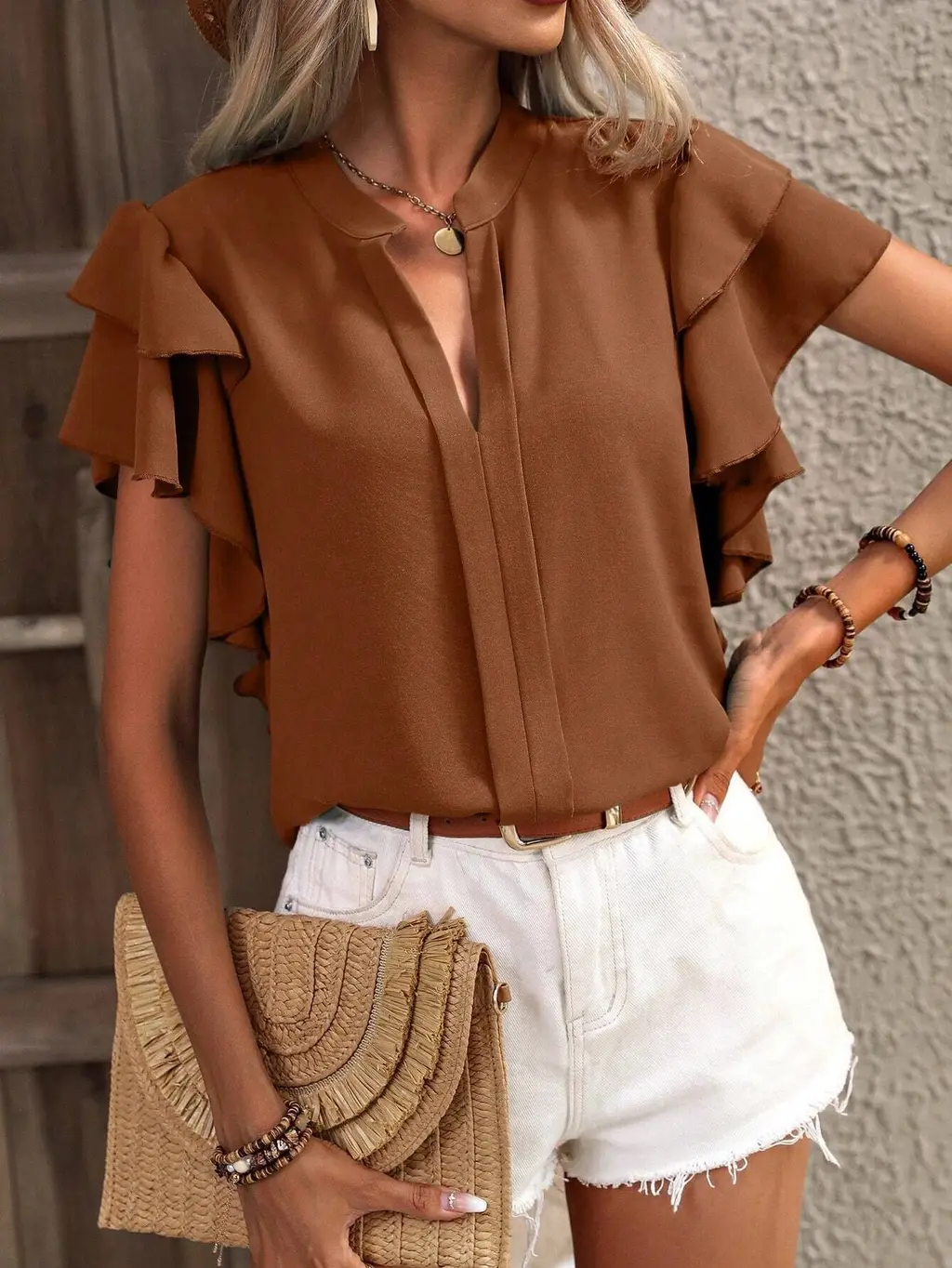 Casual Summer V-neck Solid Color Shirt Top - Caramel Color
