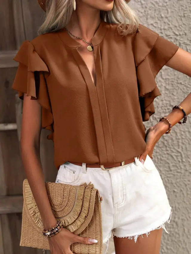 Casual Summer V neck Solid Color Shirt Top Caramel Color - Shop at LoveMi