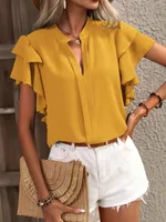 Casual Summer V-neck Solid Color Shirt Top - Sunflower Color-L