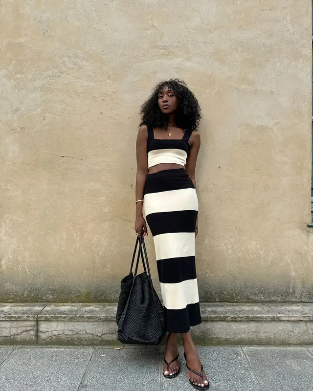 Knitted Striped Vest Sling Sweater Long Dress Suit Striped Vest Suit - Shop at LoveMi