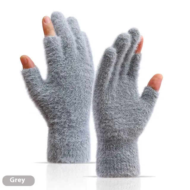 Autumn And Winter Fashionable Warm Exposed Two Finger Gloves Gray - Shop at LoveMi