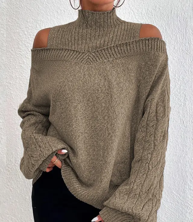 European And American Off the shoulder Sweater Women's Pullover Half Turtleneck Autumn And Winter New Lantern Sleeve Sweater Khaki - Shop at LoveMi