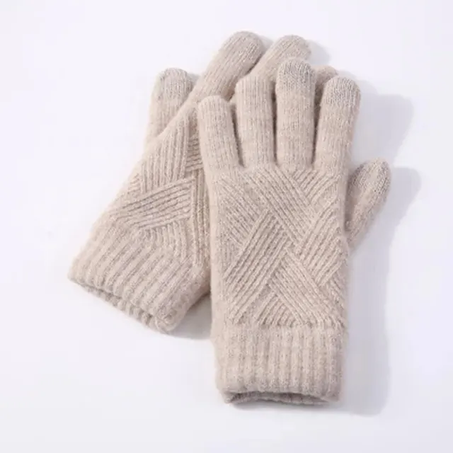 Autumn And Winter Double Layer Fleece lined Thickened Knitting Gloves Beige - Shop at LoveMi