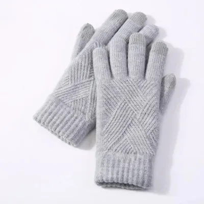 Autumn And Winter Double Layer Fleece lined Thickened Knitting Gloves Light Gray - Shop at LoveMi