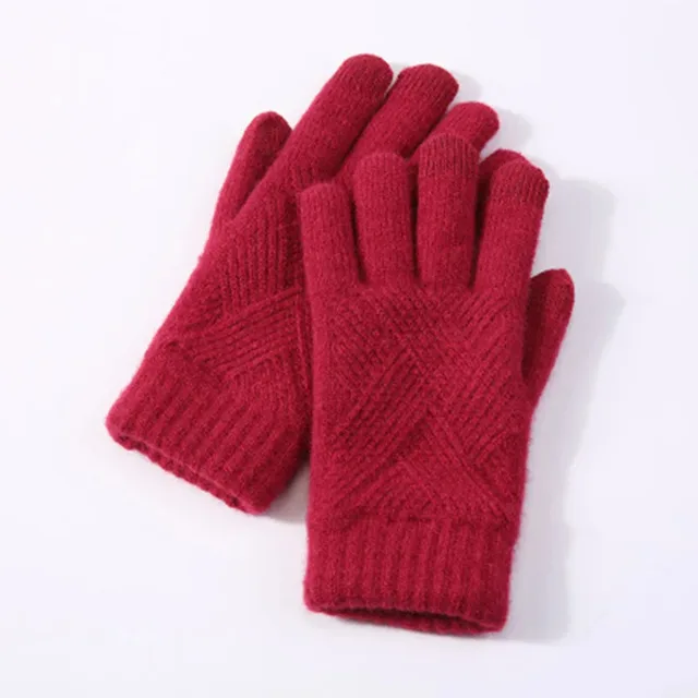 Autumn And Winter Double Layer Fleece lined Thickened Knitting Gloves Red - Shop at LoveMi