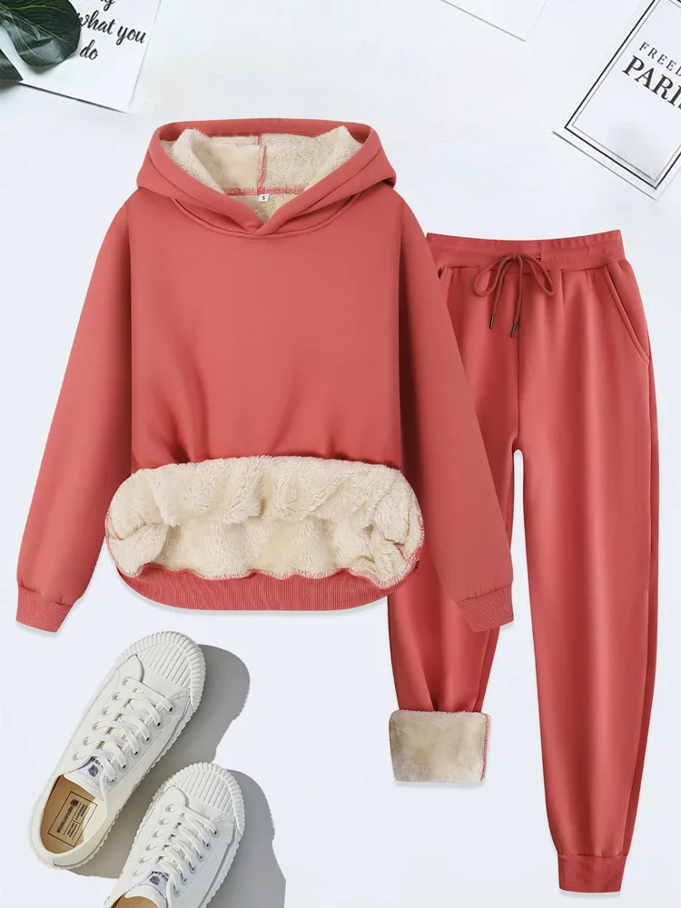 Women's US Size Suit Winter Warm Hoodie Lambswool Hooded Hooded Pullover Tops - Rose Red