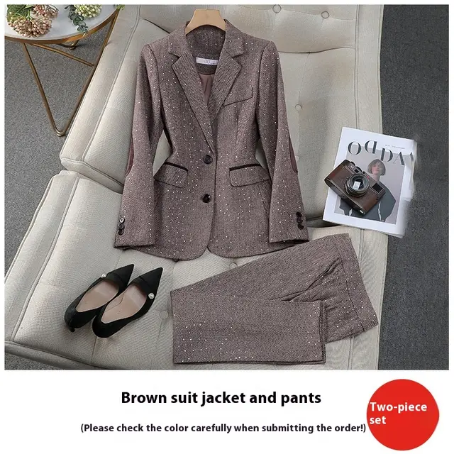 New Gray Professional Long Sleeve Women's Two piece Suit Brown Top Pants - Shop at LoveMi