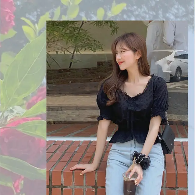 Lace Flounce Trim Lace Up Crochet Puff Sleeve Shirt Top For Women Black - Shop at LoveMi