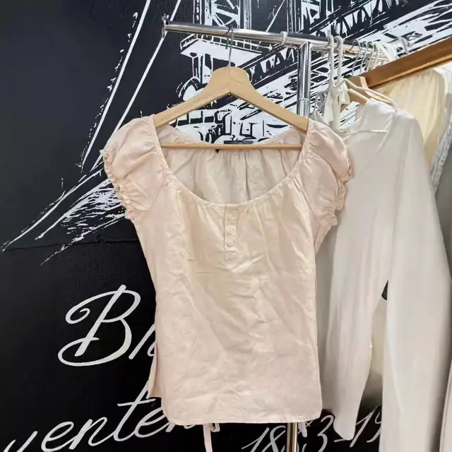 Puff Sleeve Linen Short Sleeve Lace up Shirt Top 1 Picture Color - Shop at LoveMi
