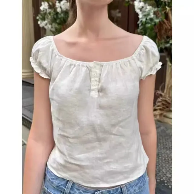 Puff Sleeve Linen Short Sleeve Lace up Shirt Top 2 Picture Color - Shop at LoveMi