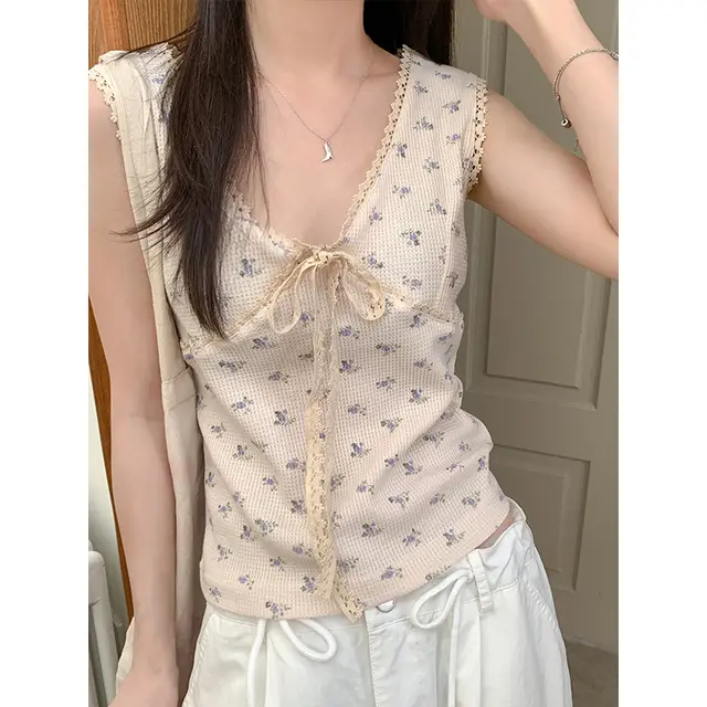 All matching Sleeveless Top Sweet Lace Tied V neck Vest Apricot Bottom Orchid - Shop at LoveMi