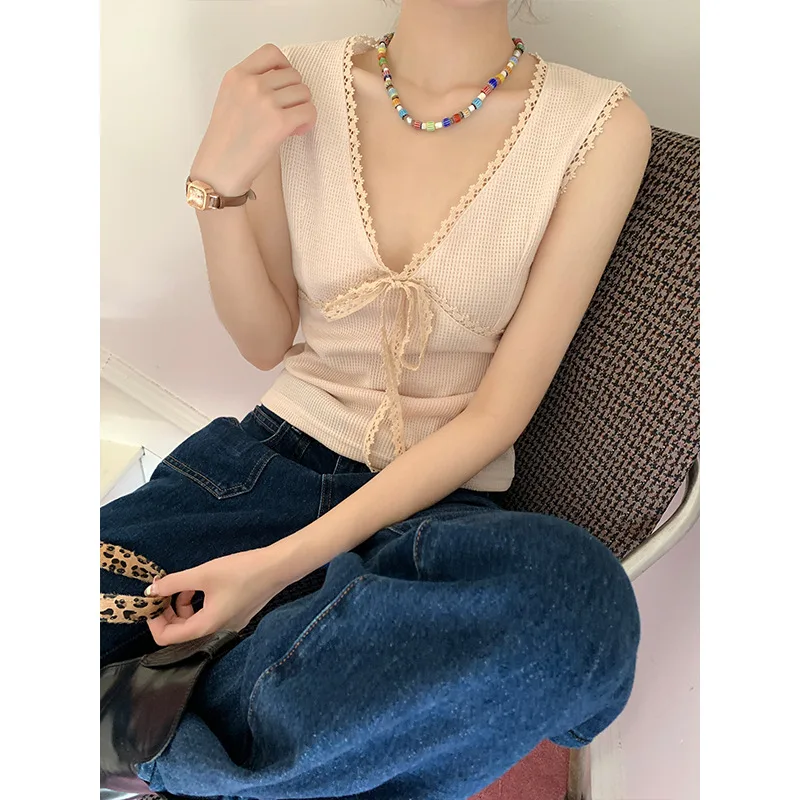 All-matching Sleeveless Top Sweet Lace Tied V-neck Vest - Apricot