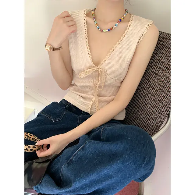 All matching Sleeveless Top Sweet Lace Tied V neck Vest Apricot - Shop at LoveMi