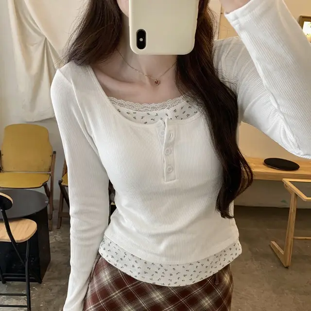 Lace Low necked Underwear Blouse Short Inner Wear Top 1203 White - Shop at LoveMi
