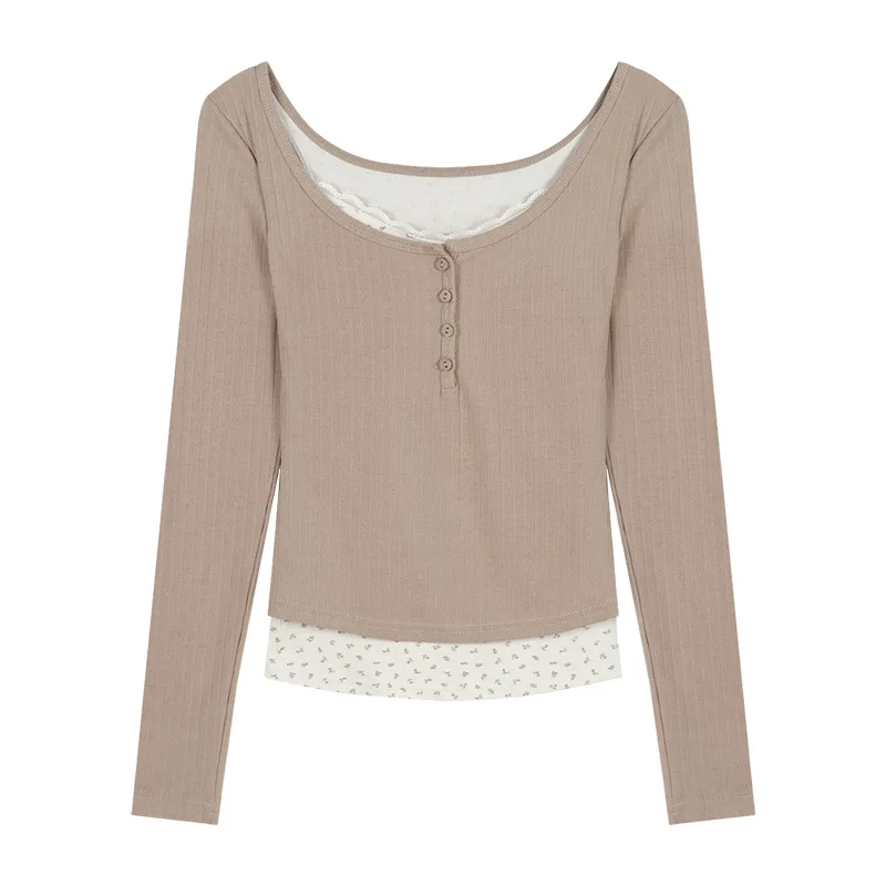 Lace Low-necked Underwear Blouse Short Inner Wear Top - Milk Coffee Color - View 1