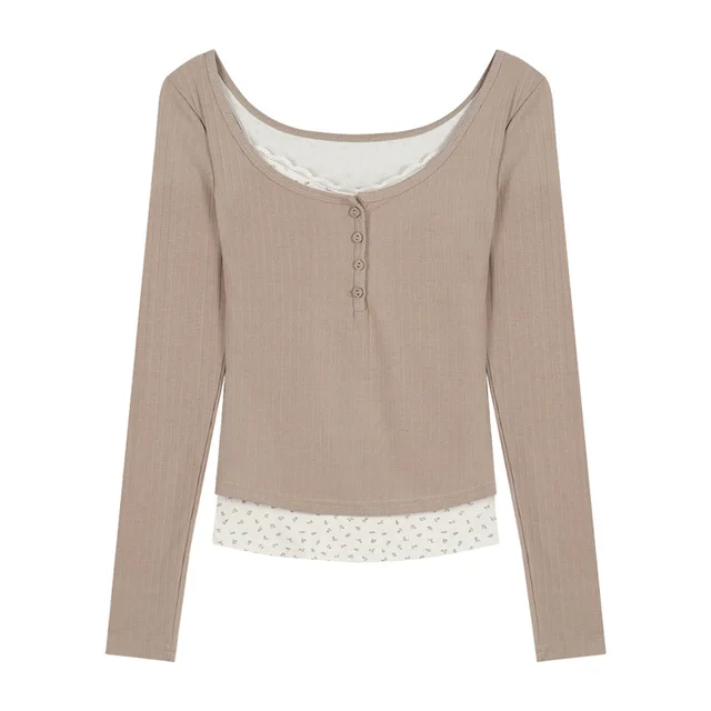 Lace Low-necked Underwear Blouse Short Inner Wear Top - Milk Coffee Color - View 1