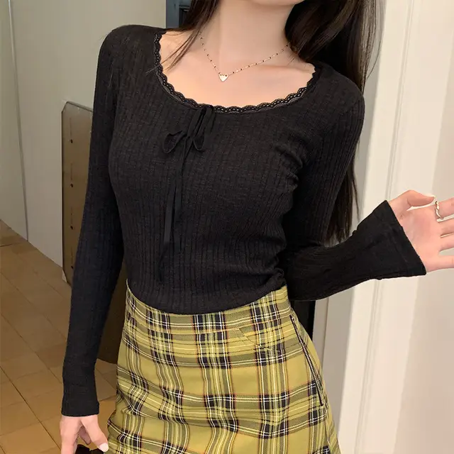 Lace Lacework Round neck Slimming Inner Long Sleeve Top 3 Color Black - Shop at LoveMi