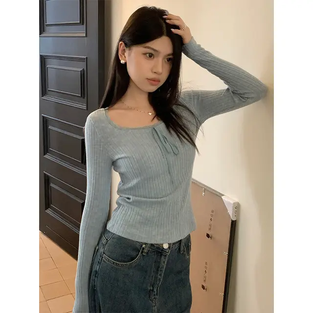 Lace Lacework Round neck Slimming Inner Long Sleeve Top 3 Color Blue - Shop at LoveMi