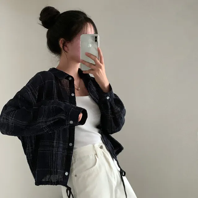 Retro Simple Plaid Loose Lapel Drawstring Long Sleeve Shirt Black Plaid - Shop at LoveMi