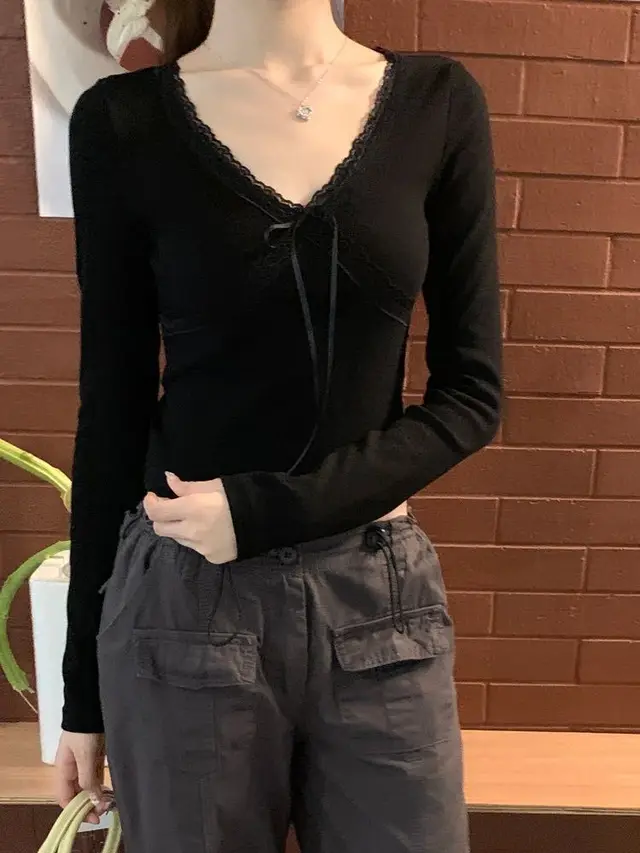 Women's Fall Slim Fit Lace T shirt Black - Shop at LoveMi