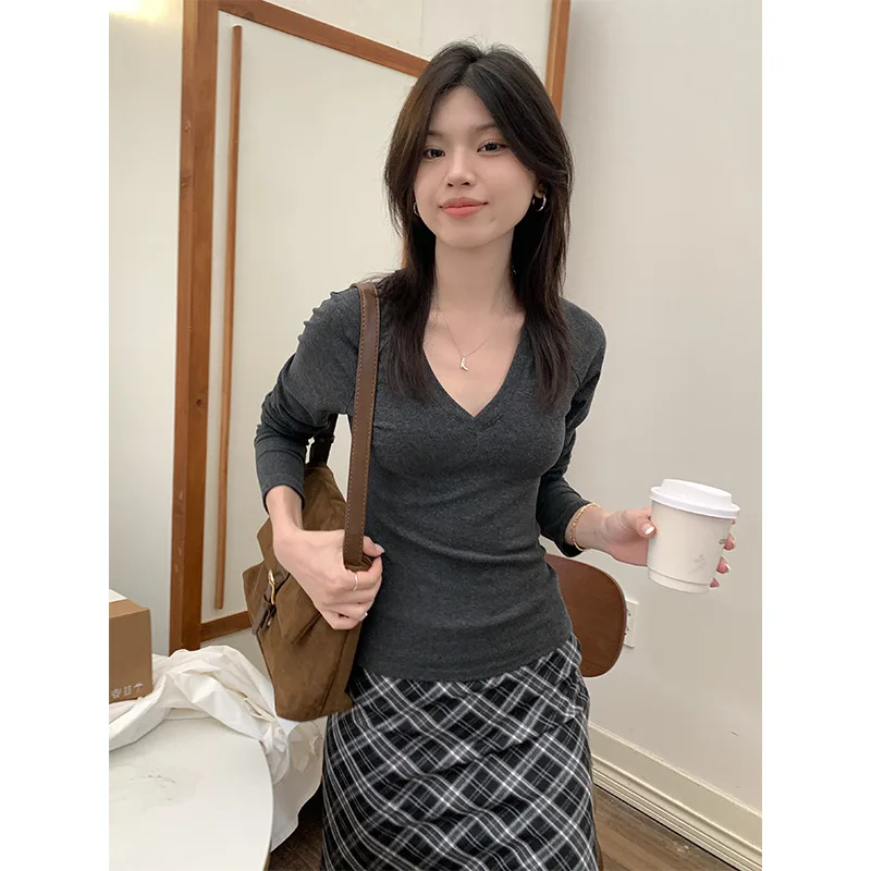 Sweet And Spicy Long-sleeved Shoulder T-shirt Top - Dark Grey Melange