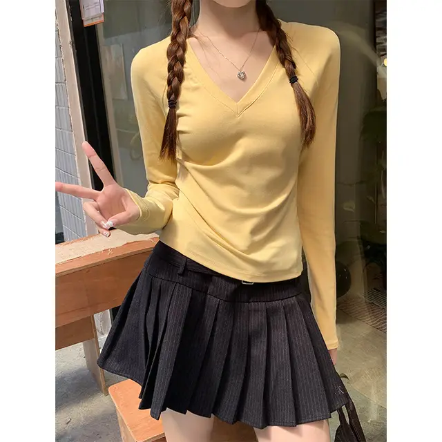 Sweet And Spicy Long sleeved Shoulder T shirt Top Yellow - Shop at LoveMi