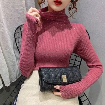 Thickened Starry Rhinestone Knitted Sweater Rose Red Rhinestone Style - Shop at LoveMi