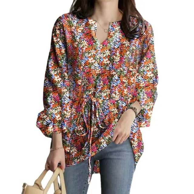 Spring And Autumn New Long Sleeve V-neck Floral Print Top - Orange - View 1