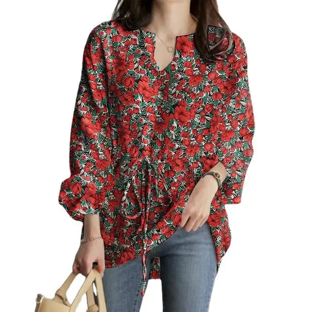 Spring And Autumn New Long Sleeve V neck Floral Print Top Red - Shop at LoveMi