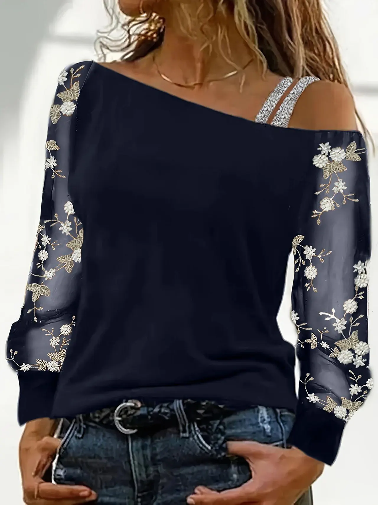 Fashion Women's Off-shoulder Loose T-shirt - Navy Blue