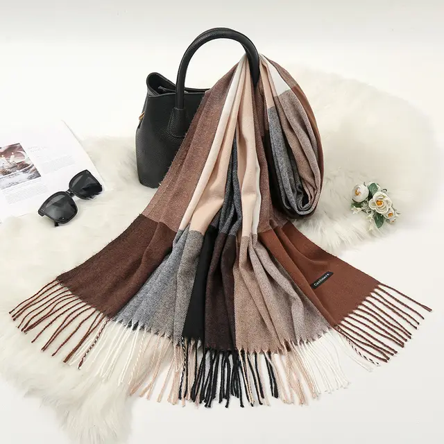Autumn And Winter New Contrast Color Warm Cashmere like Fashion Scarf Coffee - Shop at LoveMi