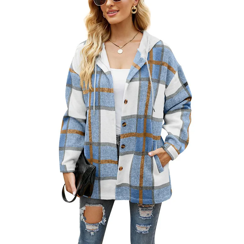 Ladies Plaid Coat Hooded Casual Loose Shirt Light Blue - Shop at LoveMi