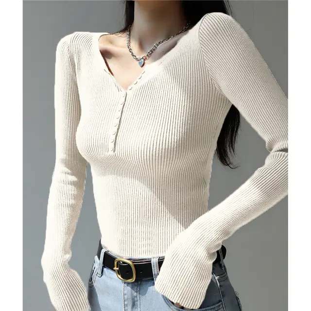 Slim Fit Slimming Knitted Top Versatile Trendy Apricot - Shop at LoveMi
