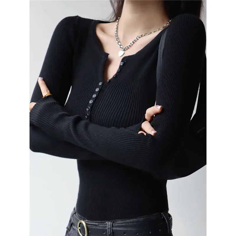 Slim Fit Slimming Knitted Top Versatile Trendy - Black