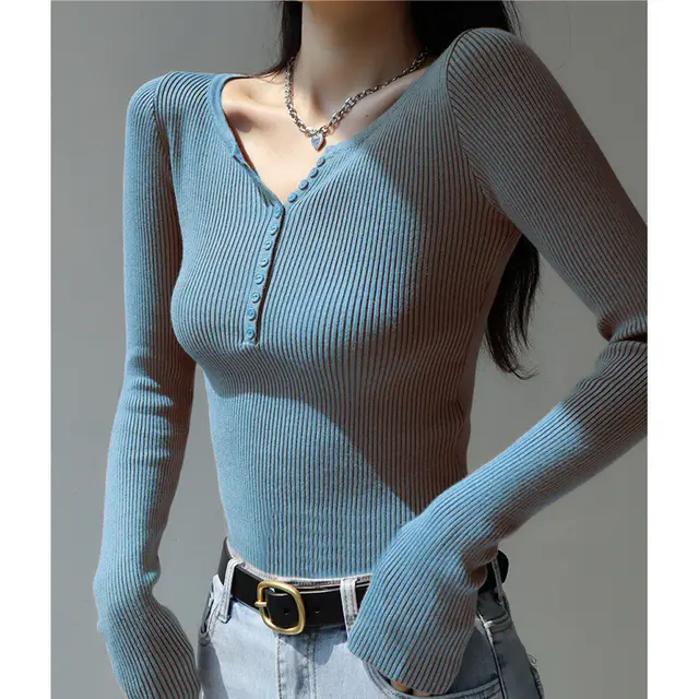 Slim Fit Slimming Knitted Top Versatile Trendy Blue - Shop at LoveMi