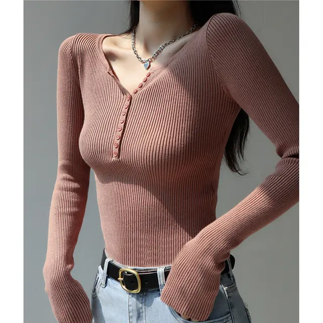 Slim Fit Slimming Knitted Top Versatile Trendy Brick Red - Shop at LoveMi