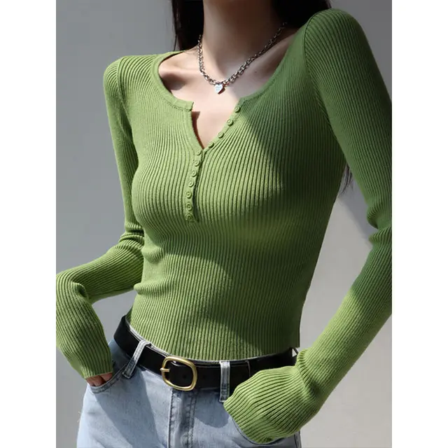 Slim Fit Slimming Knitted Top Versatile Trendy Fruit Green - Shop at LoveMi